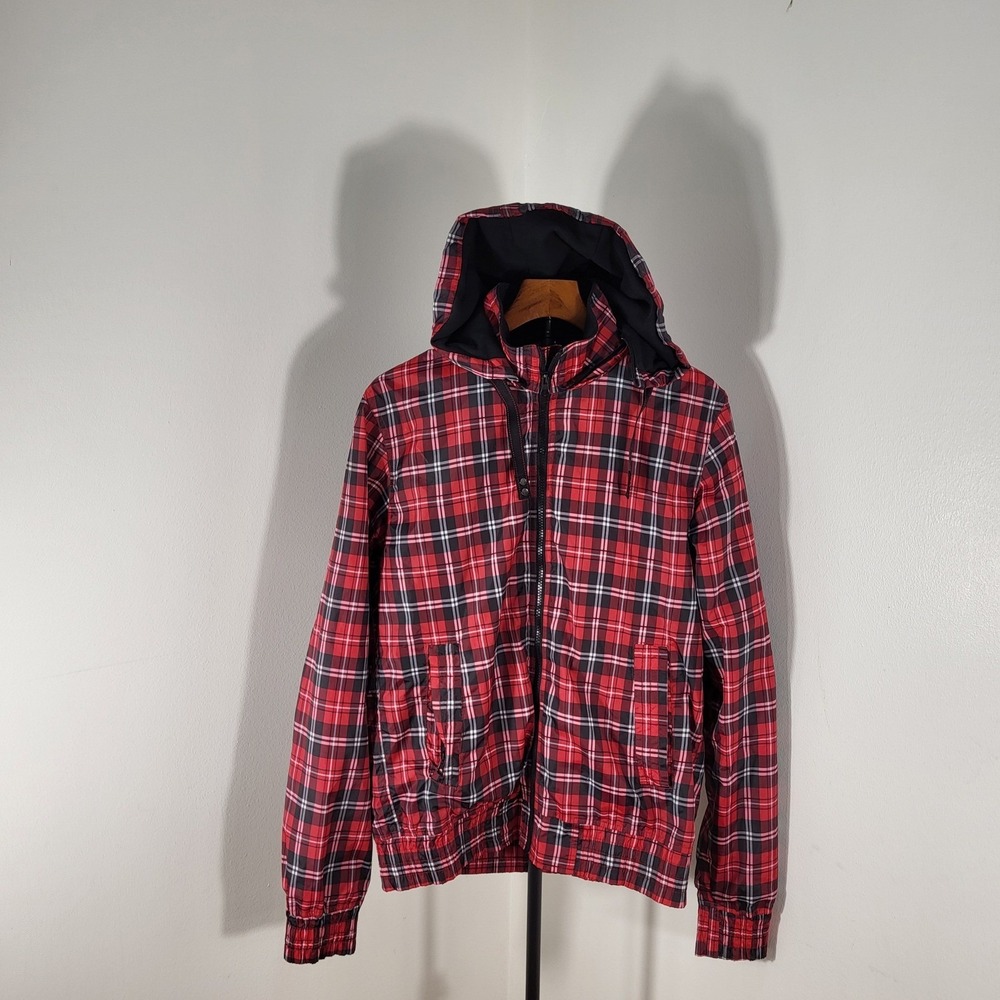 XDYE Mens Red Black Plaid Hooded Windbreaker Jacket Full Zip Graphic Lining L